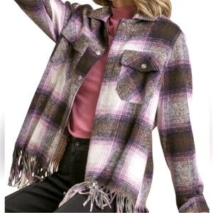 Umgee Women's Plaid Fringe Shacket- Black and Purple